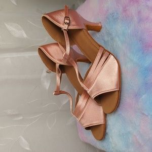 YKXLM Women's Latin Dance Shoes, Pink Satin. Size 8